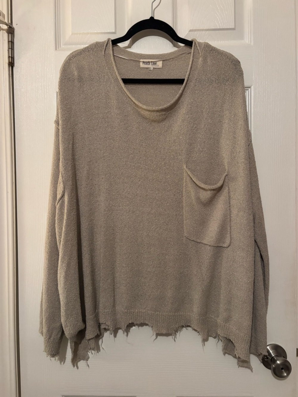 Peach Love Distressed Scoop Neck Sweater in Light Grey